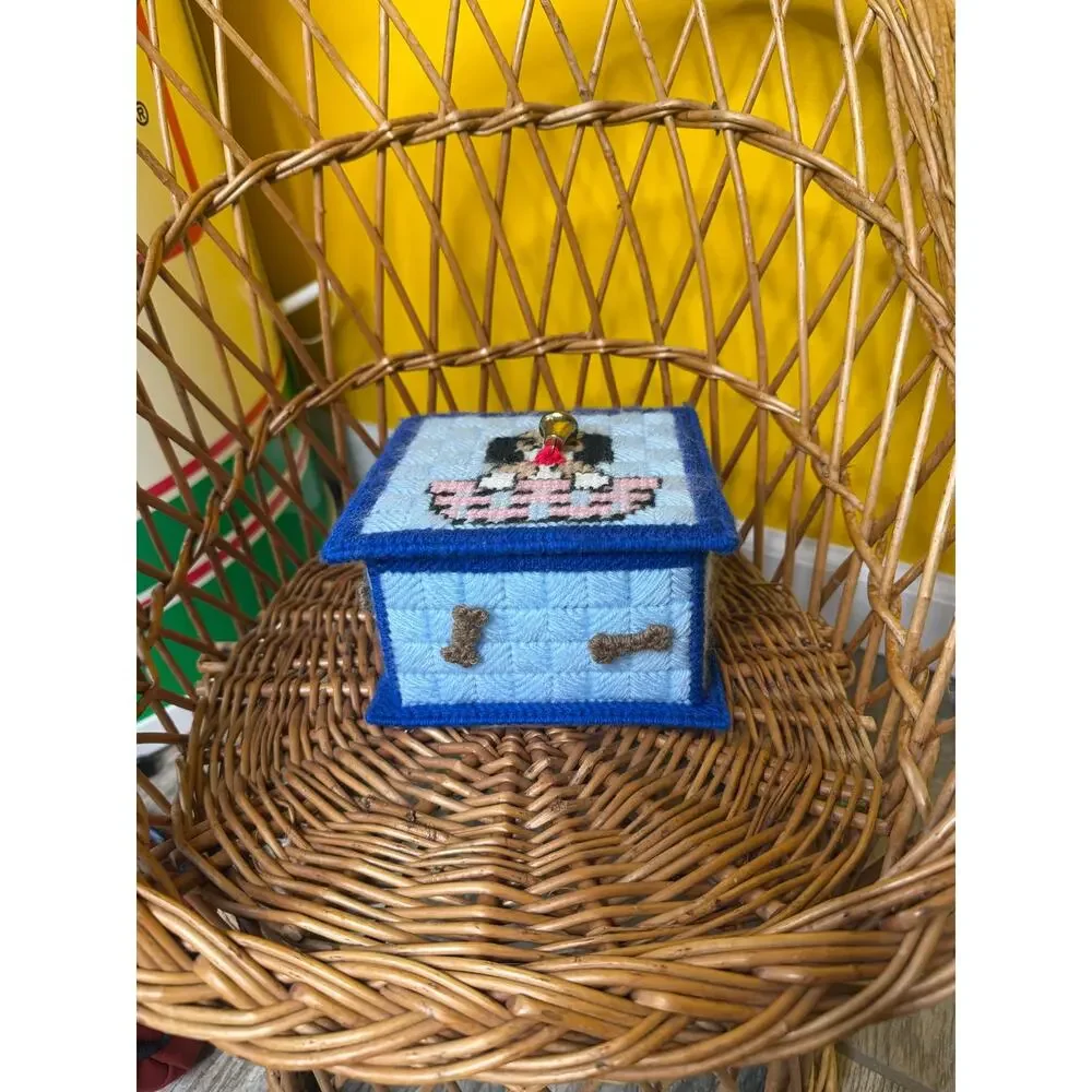 Baby blue dog bone treat Box Holder Cover Cross Stitch Handmade